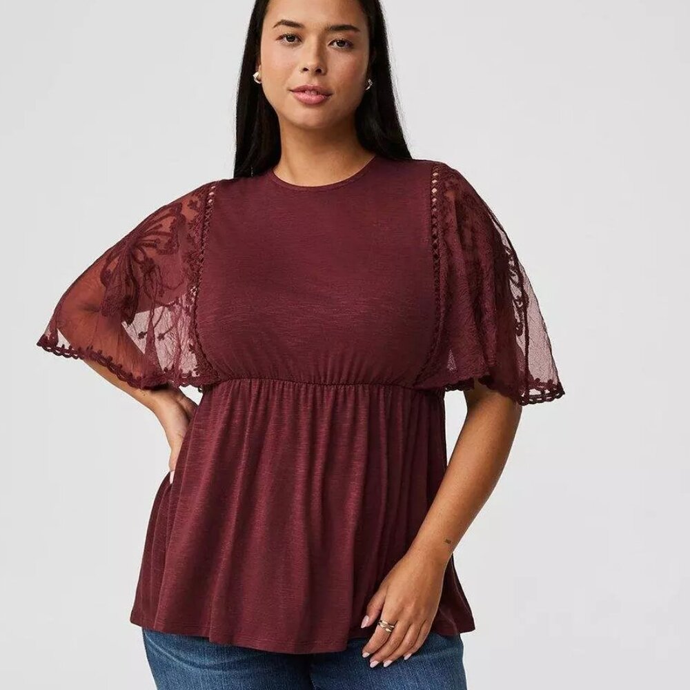 Torrid Knit Crew Neck Lace Dolman Sleeve Babydoll Top